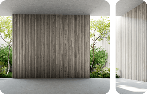 Holzwand mit Bäumen im Hintergrund