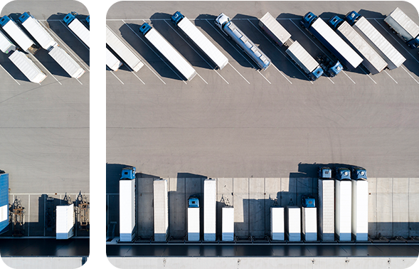 A car park with trucks from above