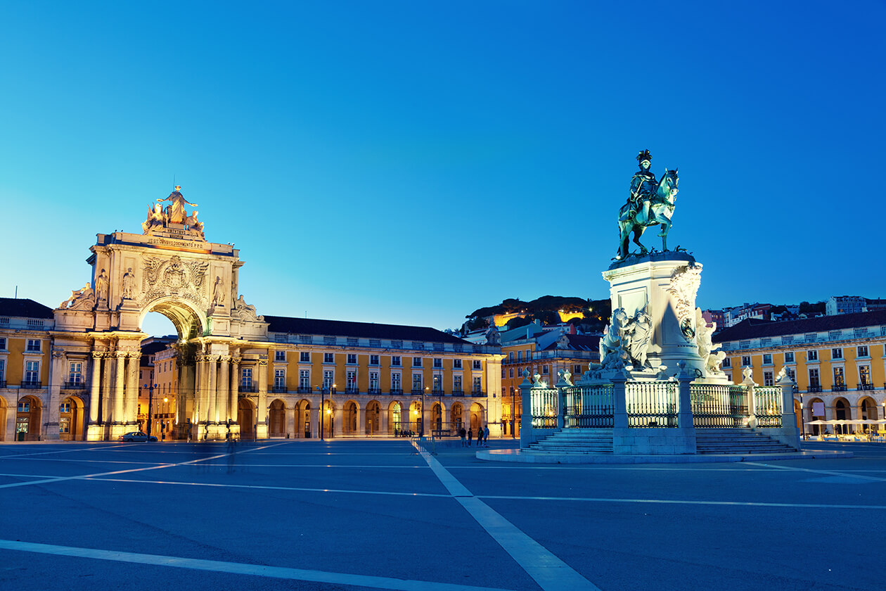 The Commerce square in Lisbon, Portugal in the evening. 