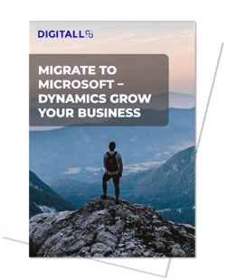 Whitepaper cover: Migrate to Microsoft Dynamics Grow your business - a man standing in a mountain.