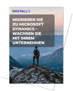 Whitepaper cover: Migrieren Sie zu Microsoft Dynamics - wachsen Sie Ihr Unternehmen. Ein Mann steht auf einem Berg. 