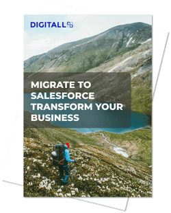 A white paper cover with a backpacker in a mountain area with green grass and a lake. Title: Migrate to Salesforce - transform your business_DIGITALL