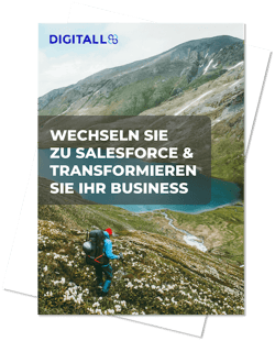 Ein Whitepaper Cover mit einem Backpacker in einem Bergtal mit See. Titel: Wechseln Sie zu Salesforce & Transformieren Sie Ihr Business.
